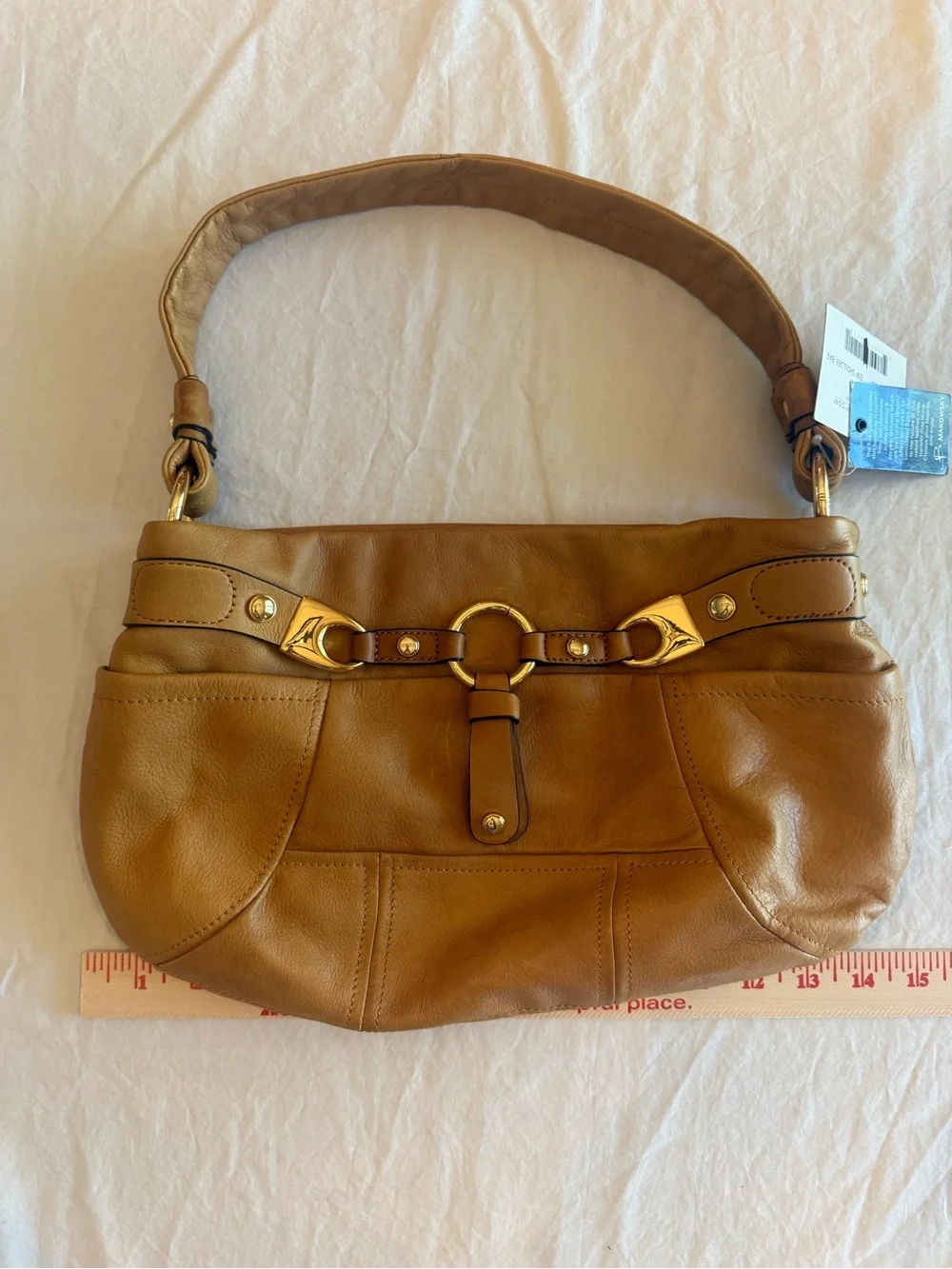 b. makowsky Cognac Leather Hobo with Gold Ring Detail
